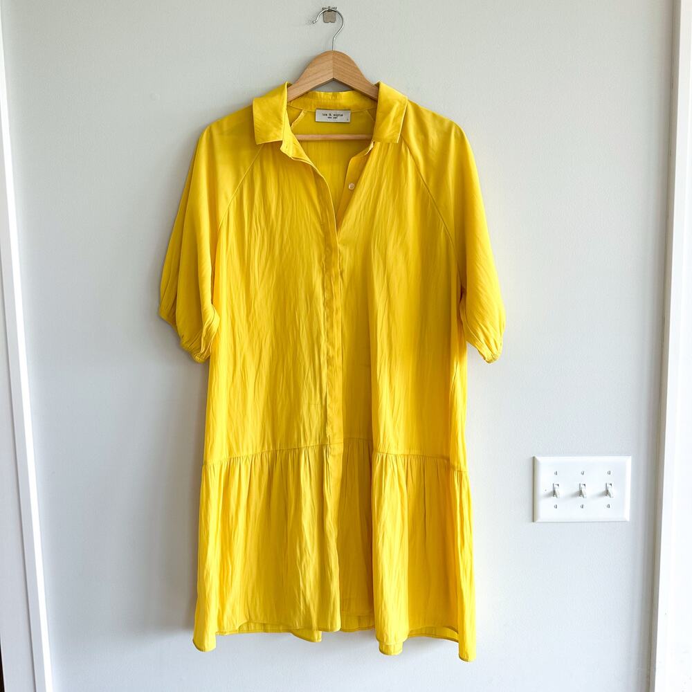 Lola & Sophie Button Front Tiered Short Sleeve Shirt Dress Yellow L
